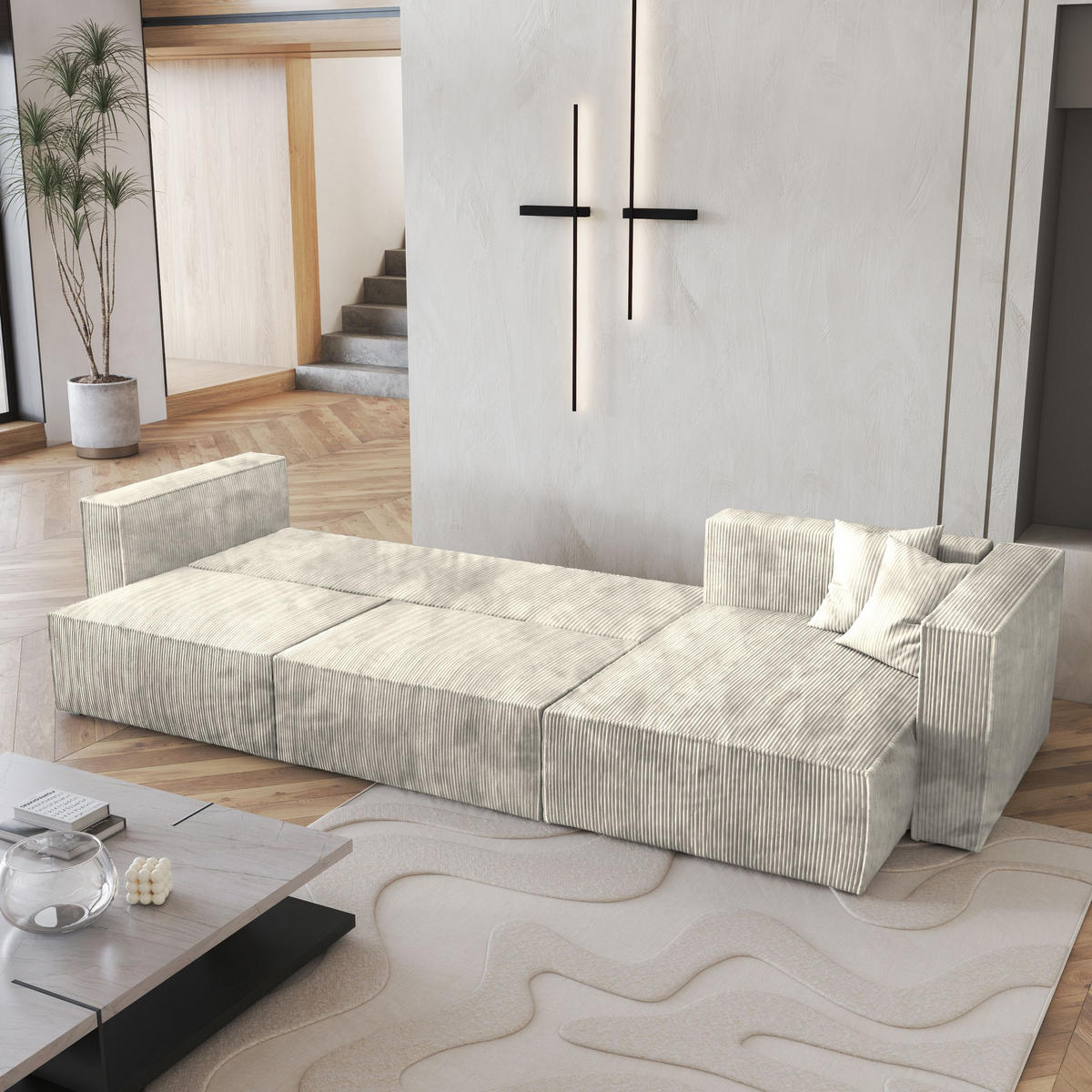 ECKSOFA TOLMO P Creme Kordstoff mit Schlaffunktion - Creme, Holz (347/148cm) - MASSENO
