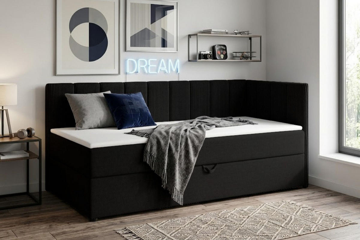 BOXBETT VIGO 90/200 cm in Cord/Velours Schwarz H4 rechts - Schwarz, Holz/Holzwerkstoff (90/200cm) - Deine Möbel 24
