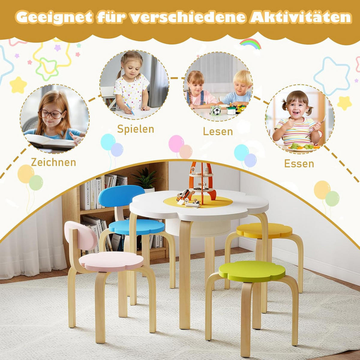 KINDERSITZGRUPPE Blumenförmig mehrfarbig(5-tlg) - Multicolor, Holzwerkstoff (60/45/60cm) - COSTWAY