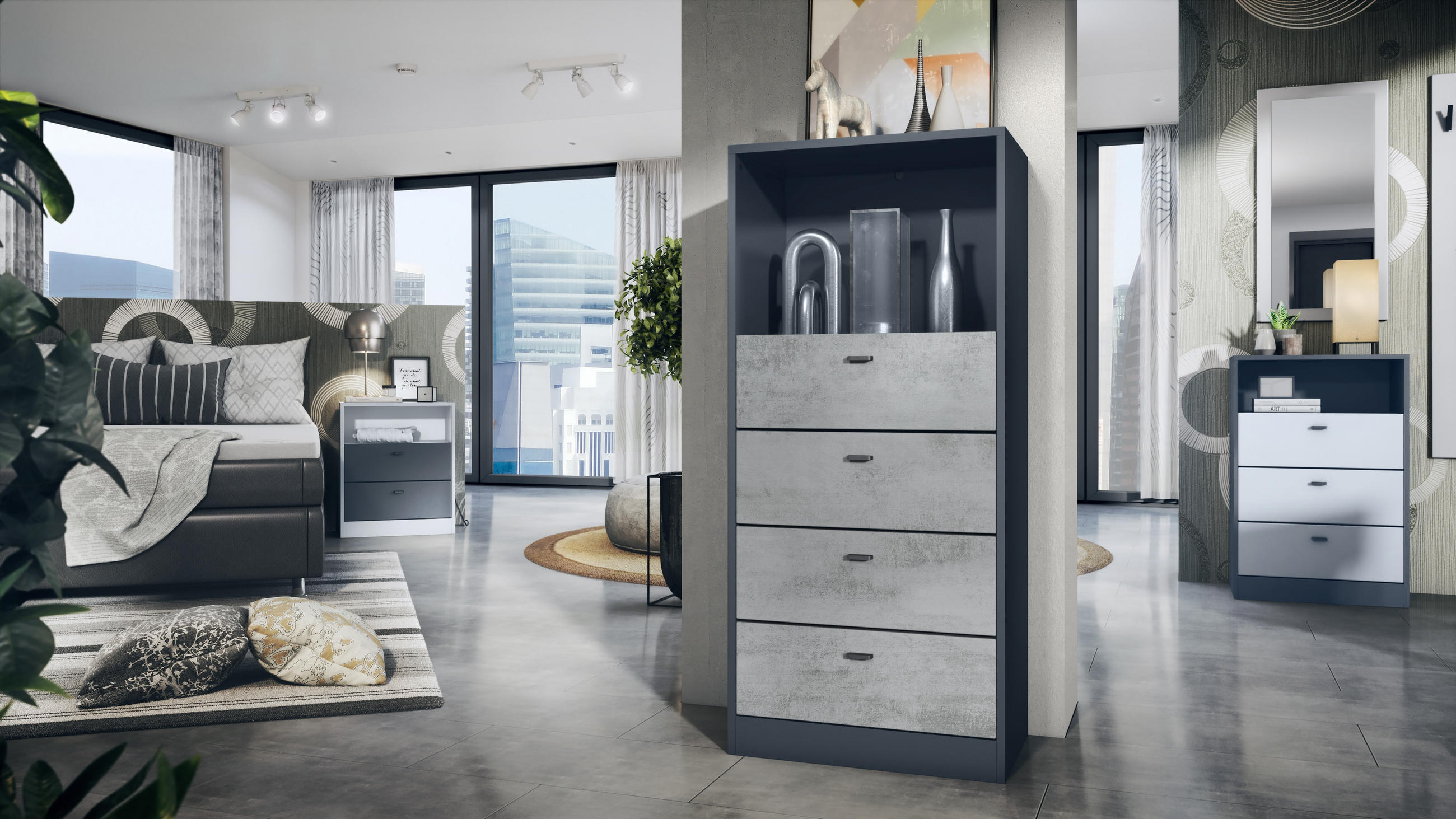 KOMMODE Pino Fronten in Beton Oxid Optik - Hellgrau, Holzwerkstoff (56/125/36cm) - Vladon
