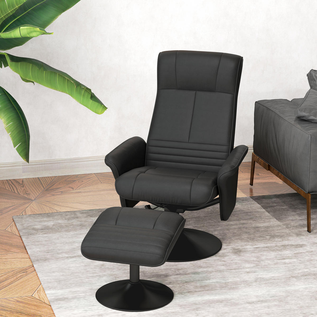 RELAXSESSEL mit Hocker Drehbarer Fernsehsessel mit Liegefunktion Mikrofasertuch - Schwarz, Textil/Metall (71/104/69cm) - HOMCOM