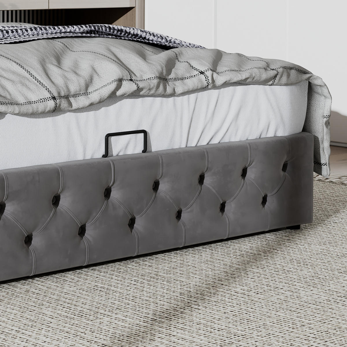 POLSTERBETT aus Samt 160x200 cm Grau mit hydraulischem Bettkasten und Chesterfield-Steppung - Grau, Textil (160/200cm) - Modfu