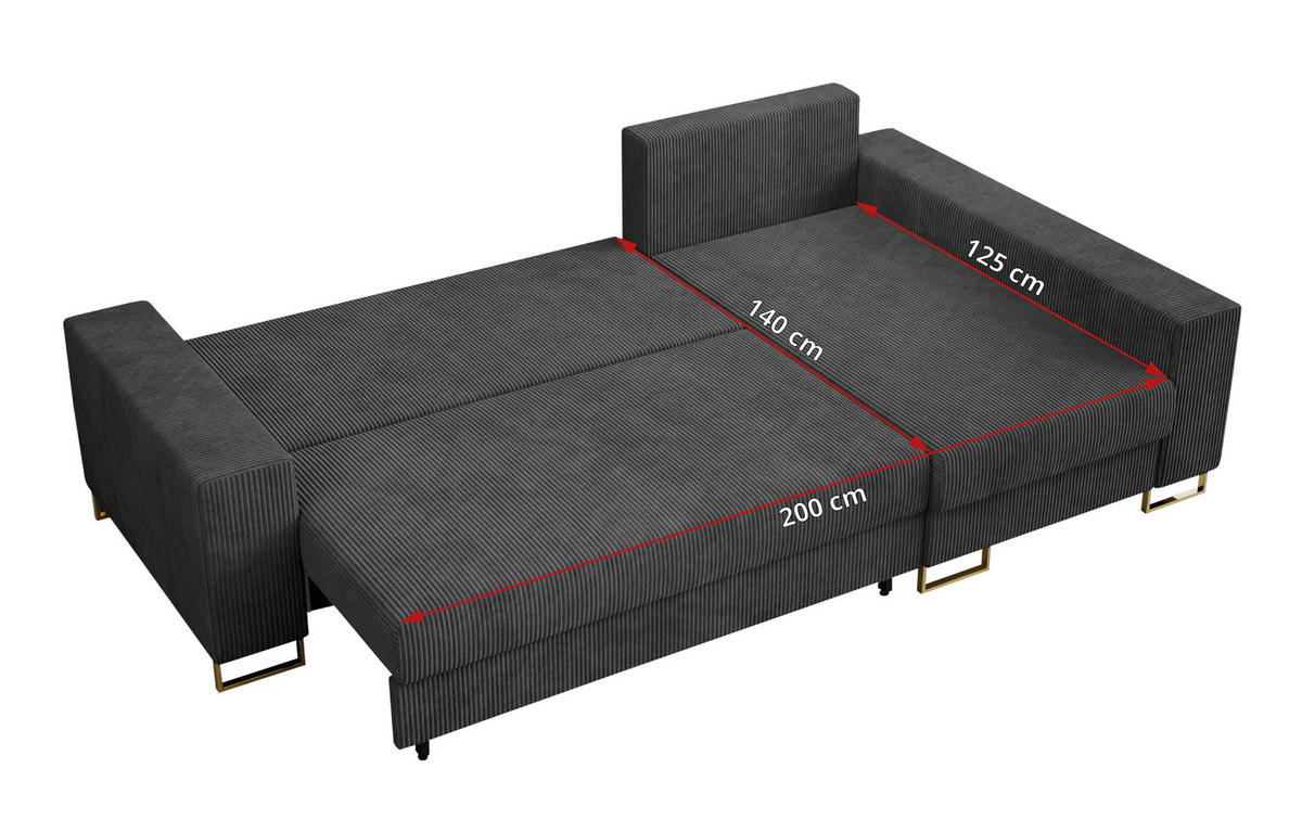 ECKSOFA Dorian Cord Dunkelgrau - Dunkelgrau/Goldfarben, Textil/Metall (242/138cm) - MKS