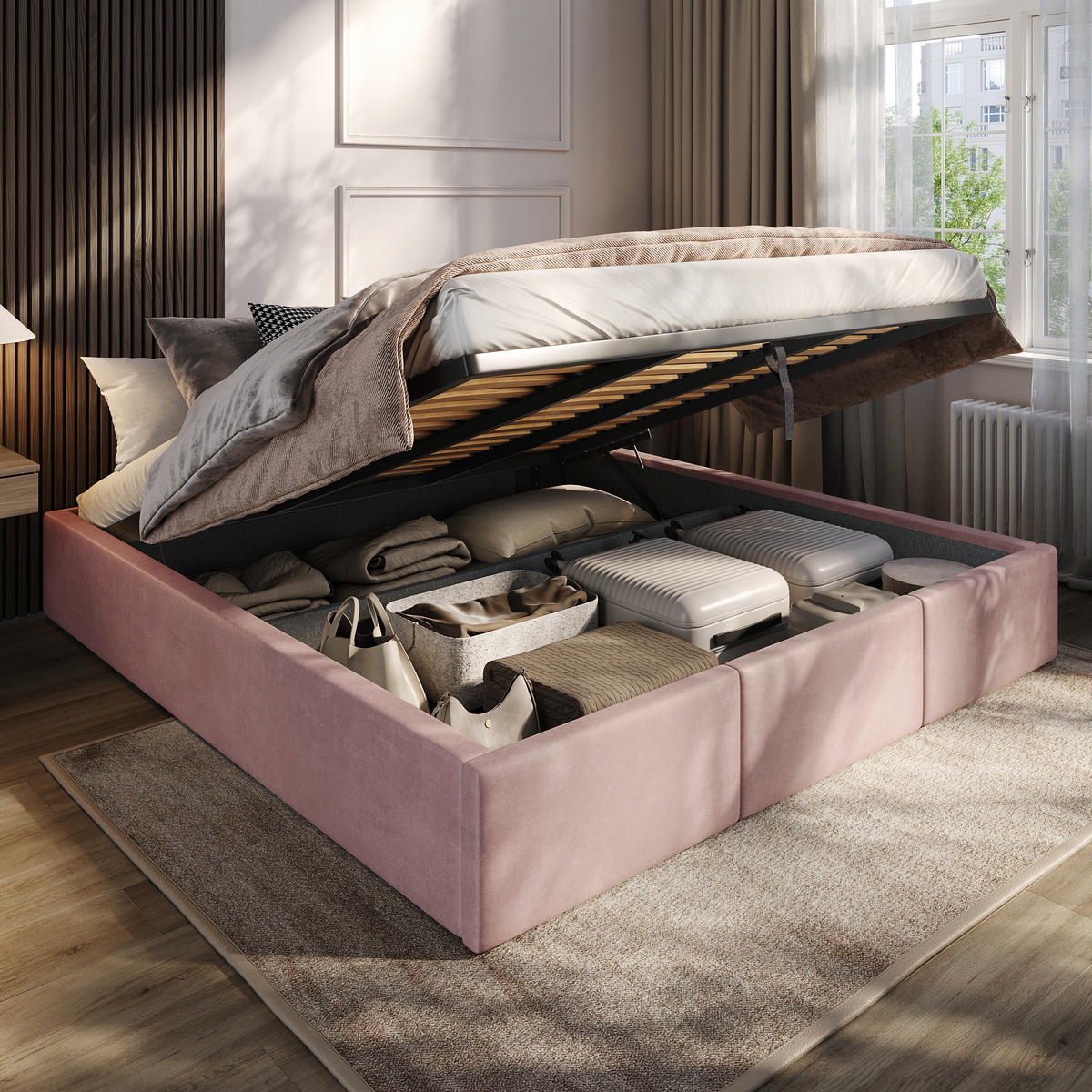 POLSTERBETT für Schlafzimmer Bett mit Stauraum Rosa 180x200cm - Rosa, Holzwerkstoff/Textil (180/200cm) - Muralo