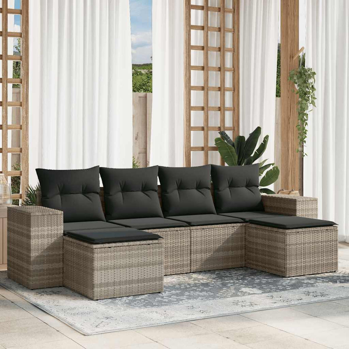 GARTEN-SOFAGARNITUR 6-TLG. Mit Kissen Hellgrau Poly Rattan - Grau, Kunststoff - vidaXL