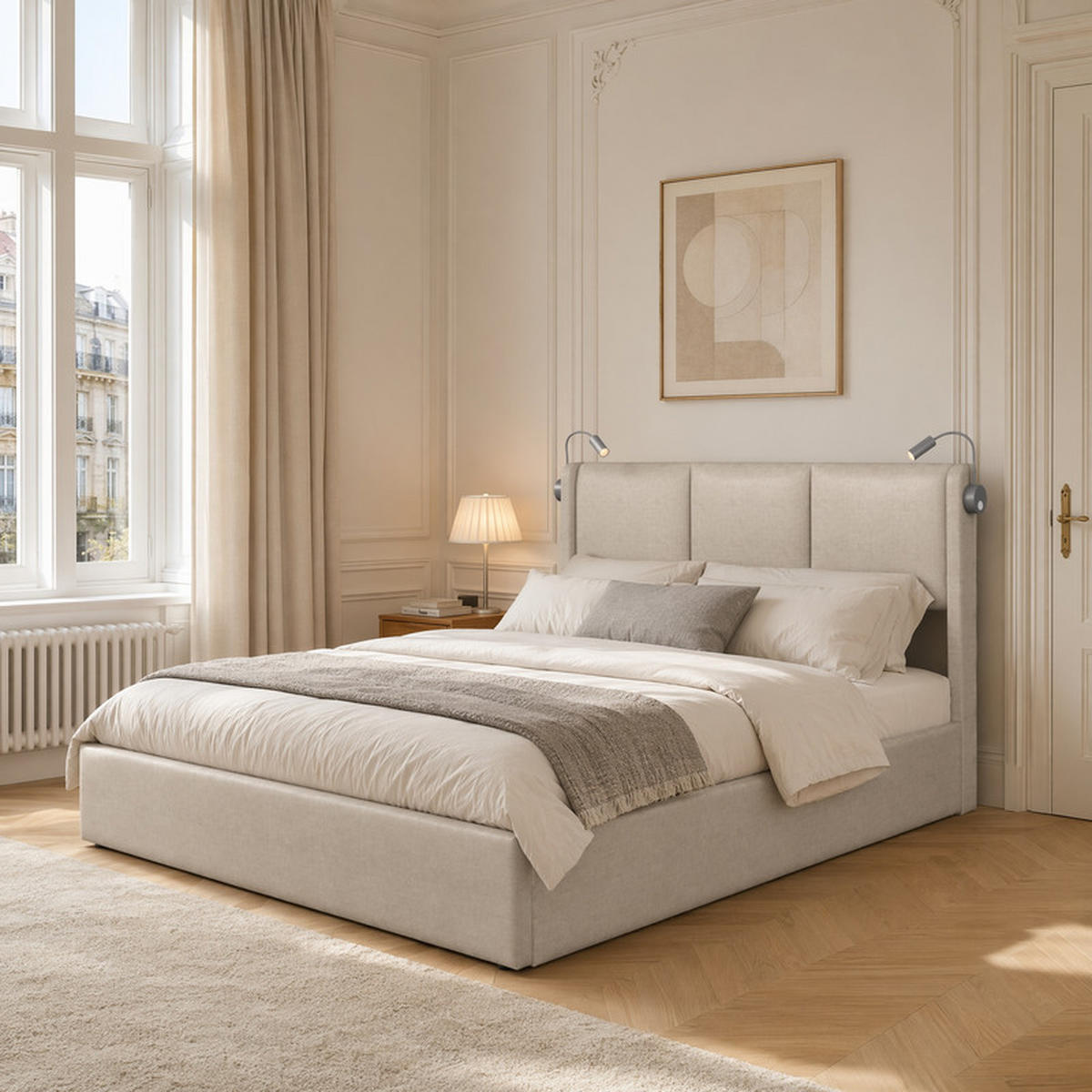 POLSTERBETT 160x200 cm Beige Leinen LED Gaslift Bettkasten - Beige, Holz (160/200cm) - SHOPENTRA