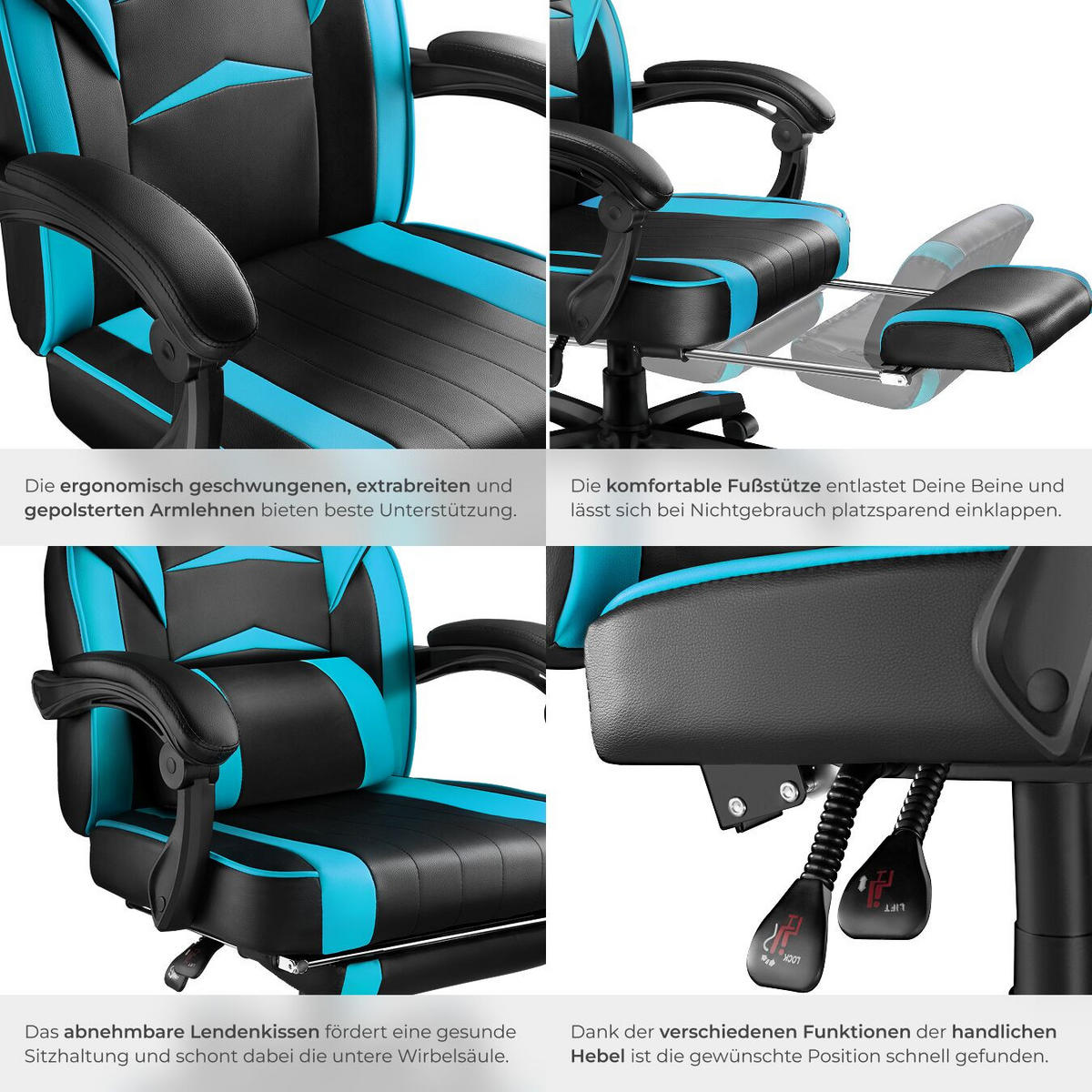 BÜROSTUHL Racing Comodo, Belastbarkeit 120 kg,schwarz/azur - Schwarz/Hellblau, Textil (70/127.5/69cm) - tectake