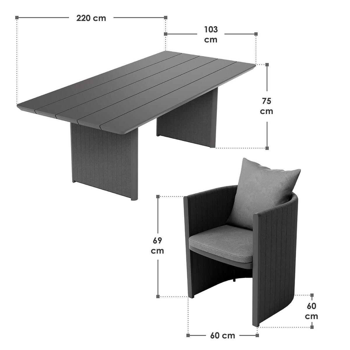 SITZGRUPPE Costa Luna Anthrazit (7-teilig) - Anthrazit, Metall - Juskys