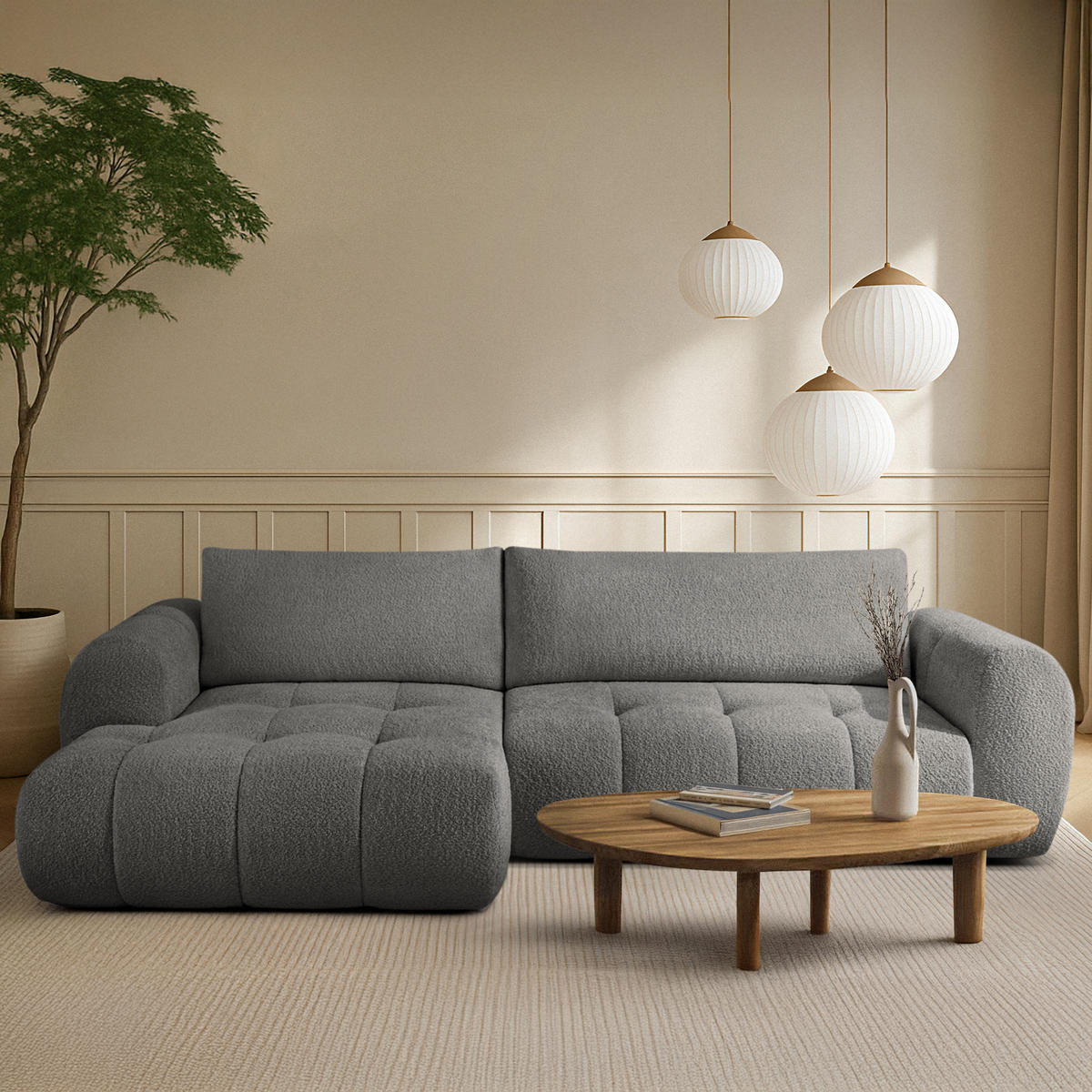 ECKSOFA LINKS LIRA, Dunkelgrau, Bouclé - Dunkelgrau, Holz/Holzwerkstoff (295/112cm) - KONSIMO®