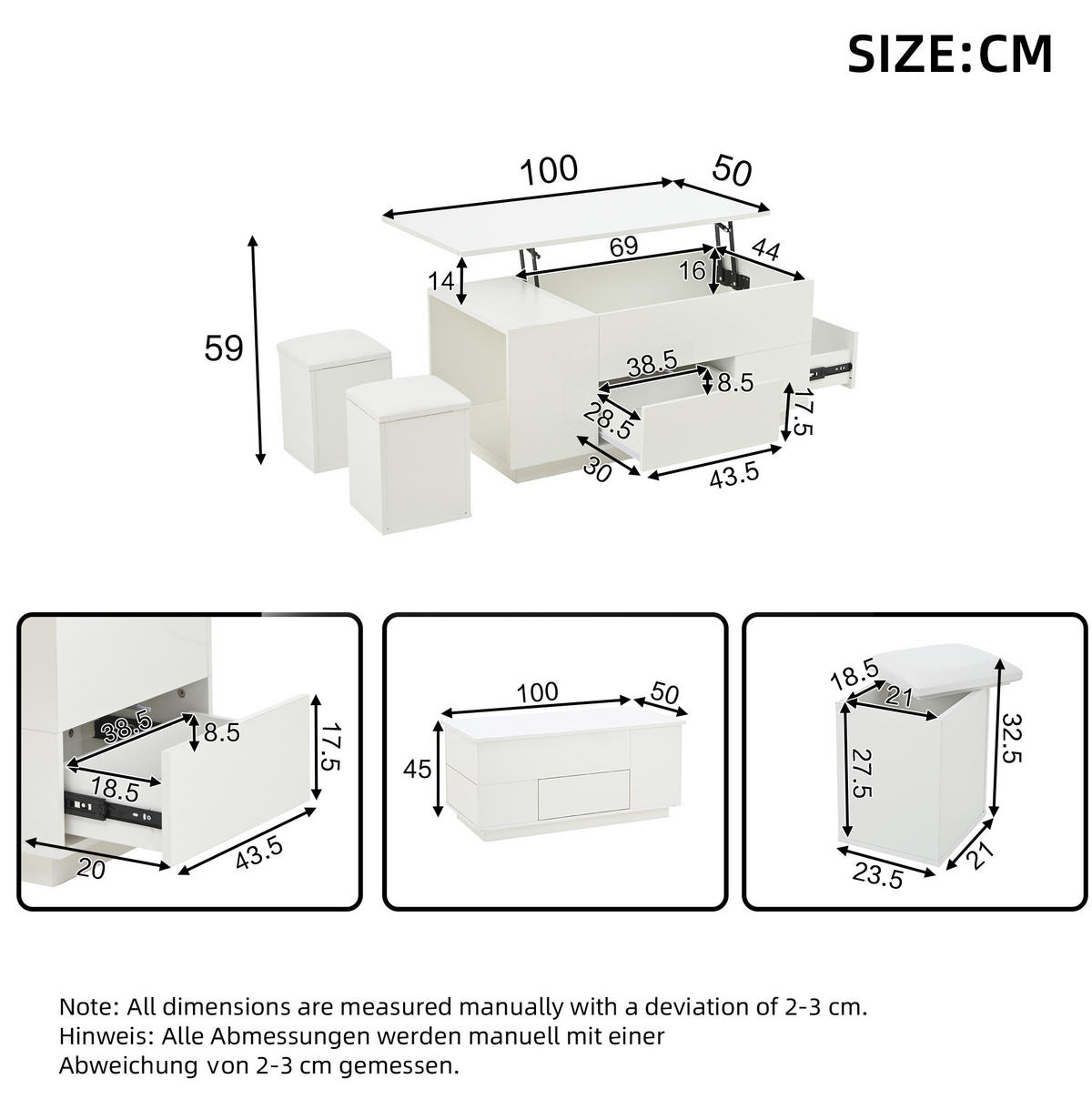 COUCHTISCH 100/50/45 cm mit LED-Beleuchtung und höhenverstellbarer Tischplatte, Weiß - Weiß, Holzwerkstoff (100/50/45cm) - Flora Grace