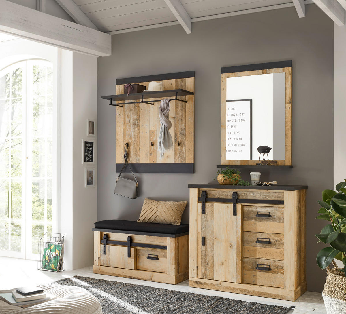 GARDEROBE Flurmöbel Set 2-tlg. Used Wood Vintage, mit Schiebetür und Soft-Close - Anthrazit/Naturfarben, Holzwerkstoff/Metall (93/200/43cm) - Furn.Design