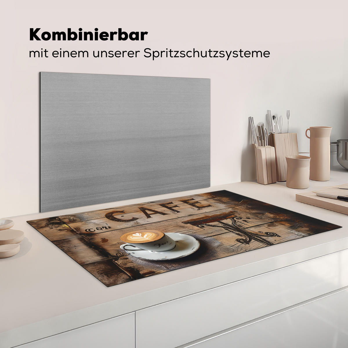 HERDABDECKPLATTE Cafe - Holz - Kaffee - Regale Ceranfeldabdeckung 90x52 cm - Schwarz, Kunststoff (90/52/0.2cm) - MuchoWow