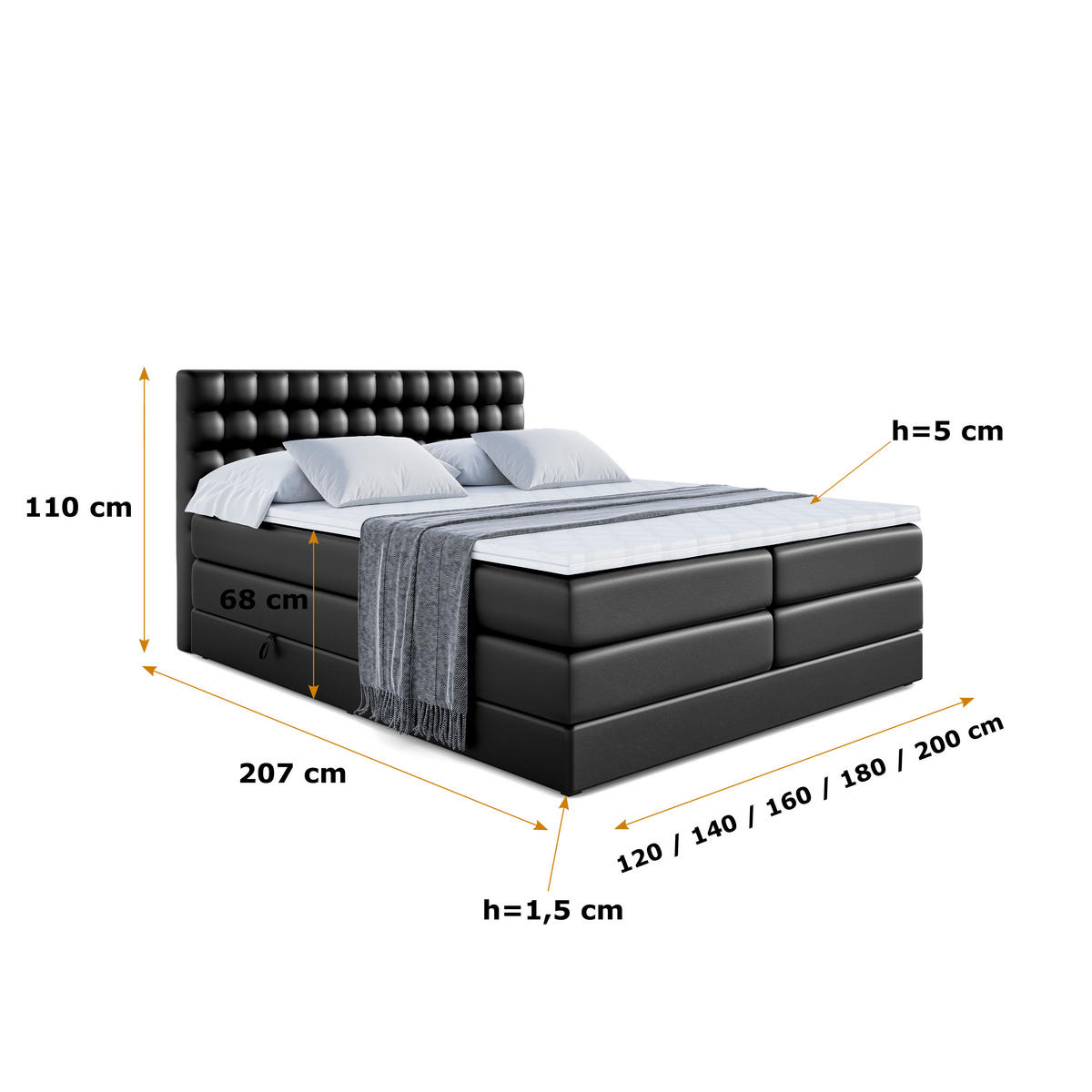 BOXSPRINGBETT VIONE KING - 160 x 200 - H3/H4 - Schwarz Hochglanz - Schwarz Hochglanz, Holzwerkstoff (160/200cm) - ALTDECOR