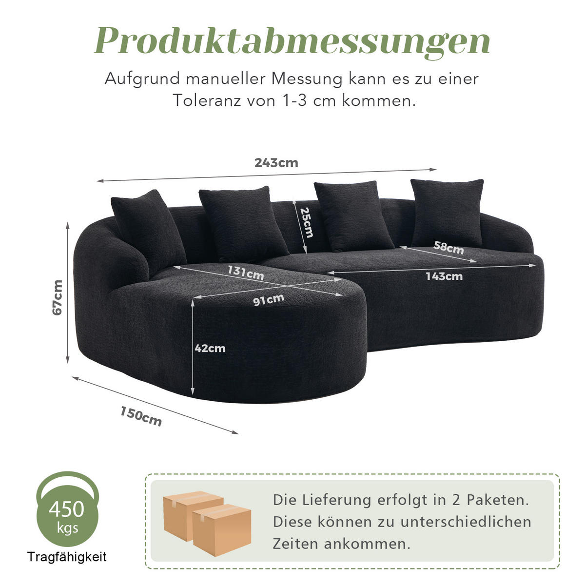 3-SITZER SOFA Chenille Schwarz mit Vakuumverpackung - Schwarz, Textil (243/150cm) - WISHDOR