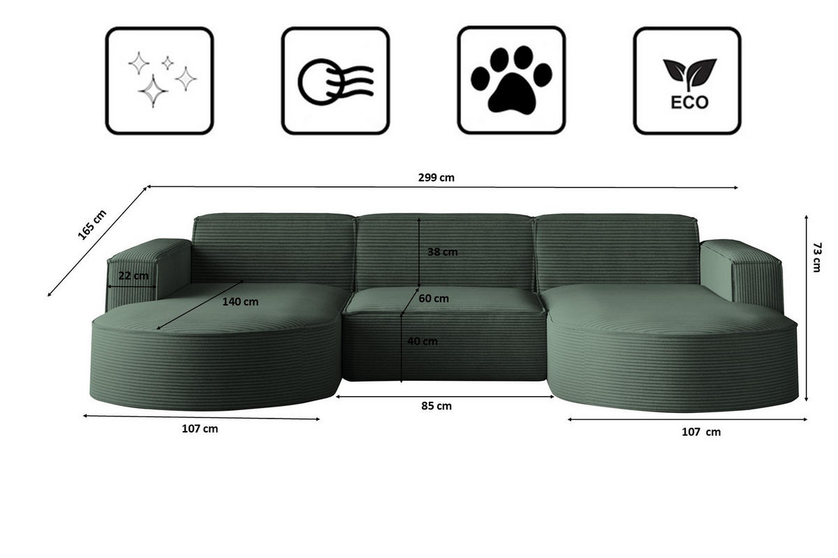 ECKSOFA Designer MODENA U STUDIO Stoff Dicker Cord Grün - Grün, Holz (165/299cm) - Kaiser Möbel