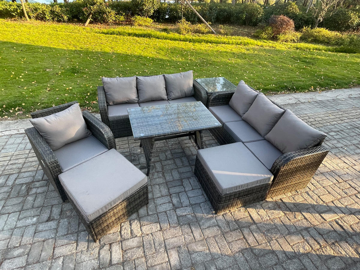 GARTENSET Hohe Rückenlehne Polyrattan 9-Sitzer - Dunkelgrau/Grau, Glas/Kunststoff - Fimous