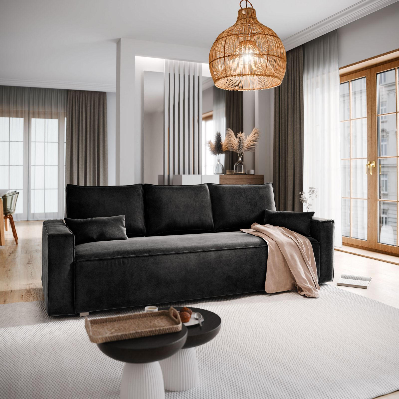 BETTSOFA ALATRI Schwarz Velours-Stoff mit Schlaffunktion - Schwarz, Textil (230/85/87cm) - MASSENO