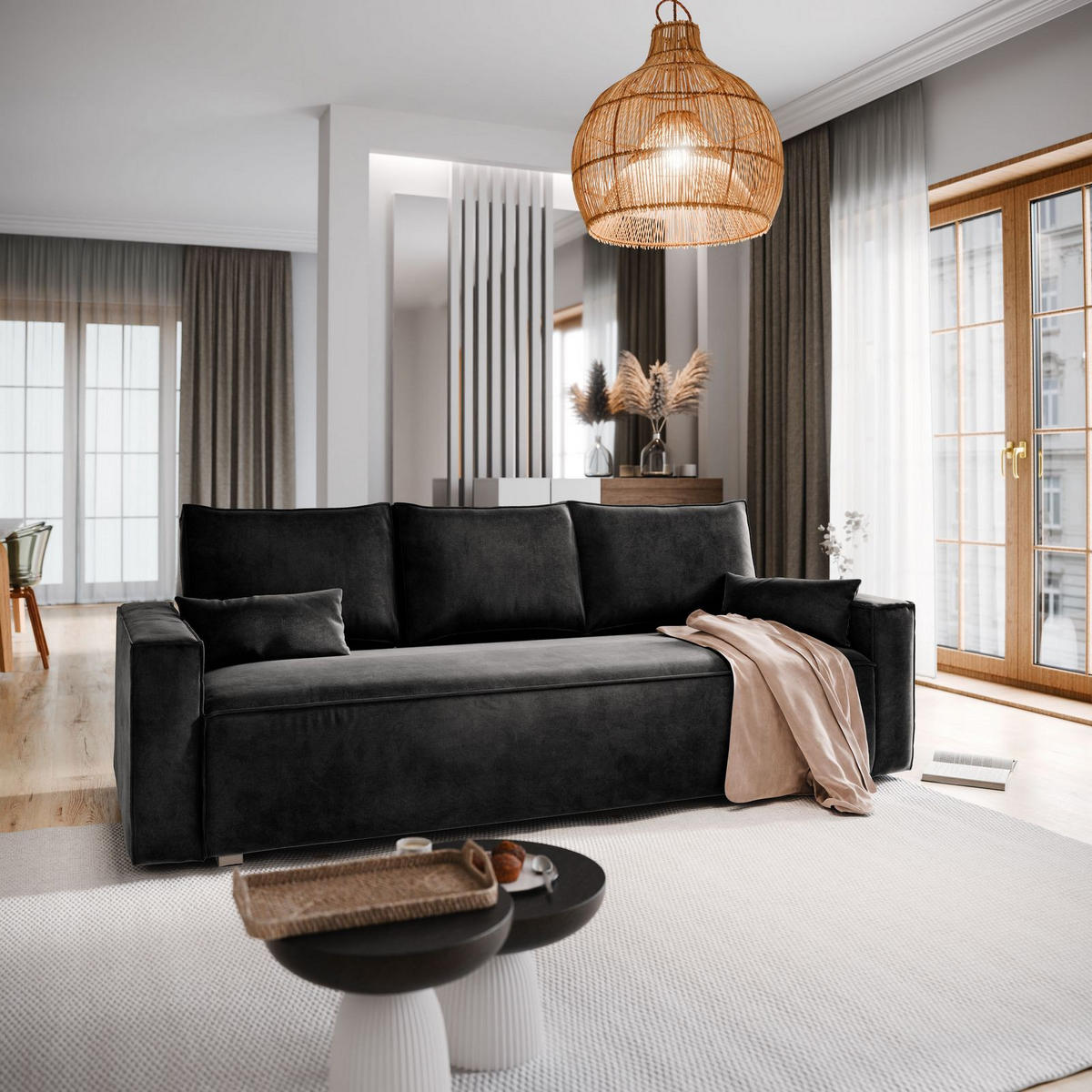 BETTSOFA ALATRI Schwarz Velours-Stoff mit Schlaffunktion - Schwarz, Textil (230/85/87cm) - MASSENO