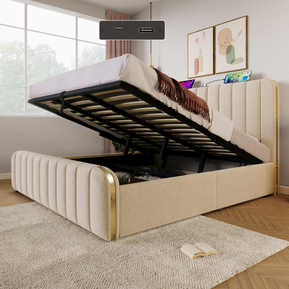 STAURAUMBETT 180/200 cm DE-00292, in Beige, hydraulisch - Beige, Metall (180/200cm) - ComfortXL