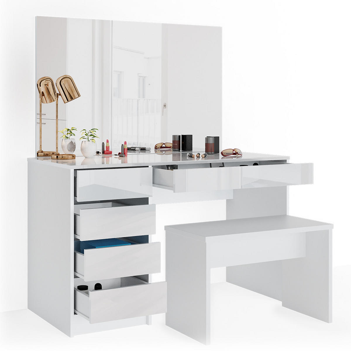 SCHMINKTISCH Sherry Weiß 120 cm mit Bank - Weiß, Holzwerkstoff (55/75/120cm) - Vicco