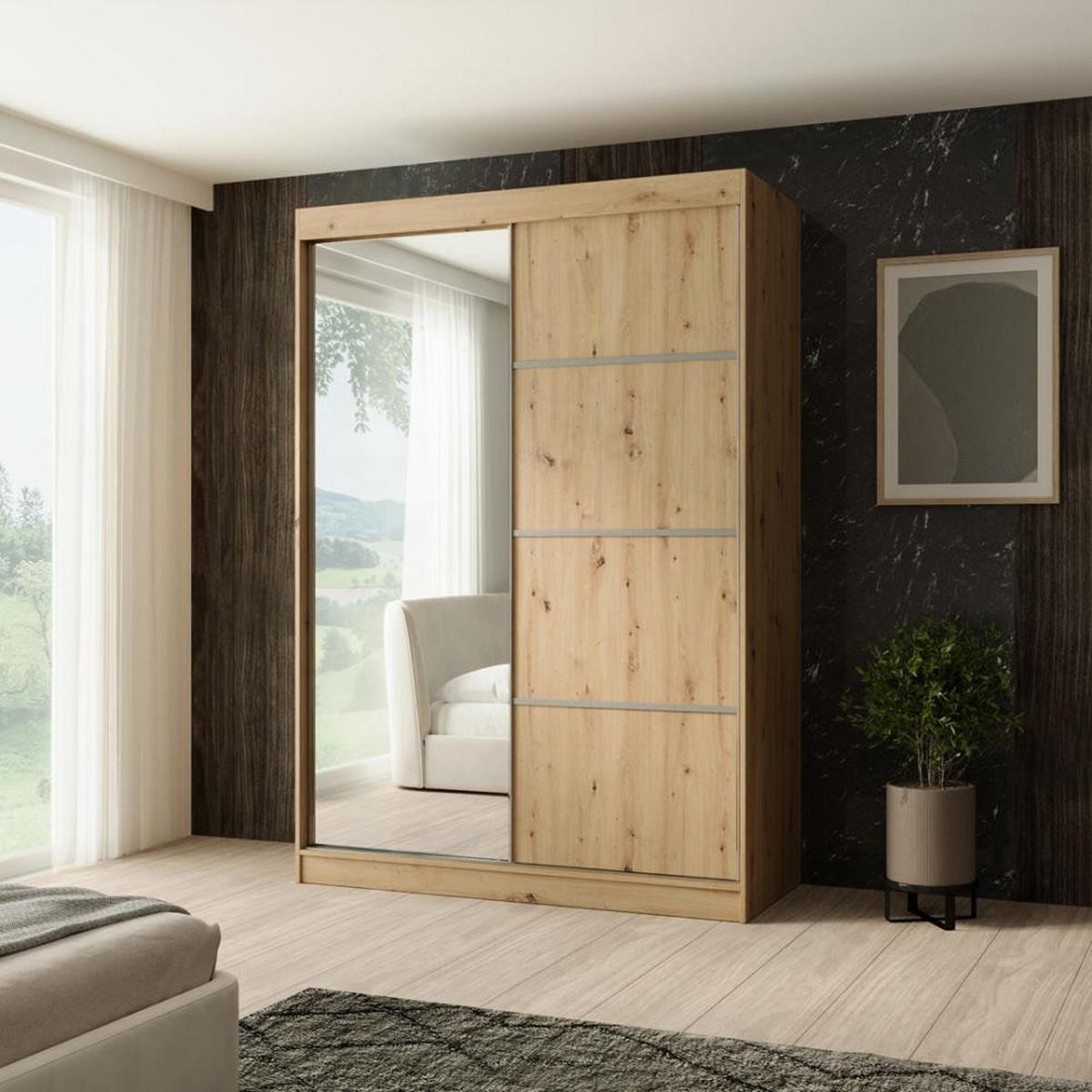 SCHWEBETÜRENSCHRANK Paco 150/215/61 2-türig eiche Craft mit Spiegel - Eichefarben, Holzwerkstoff (150/215/61cm) - Beautysofa
