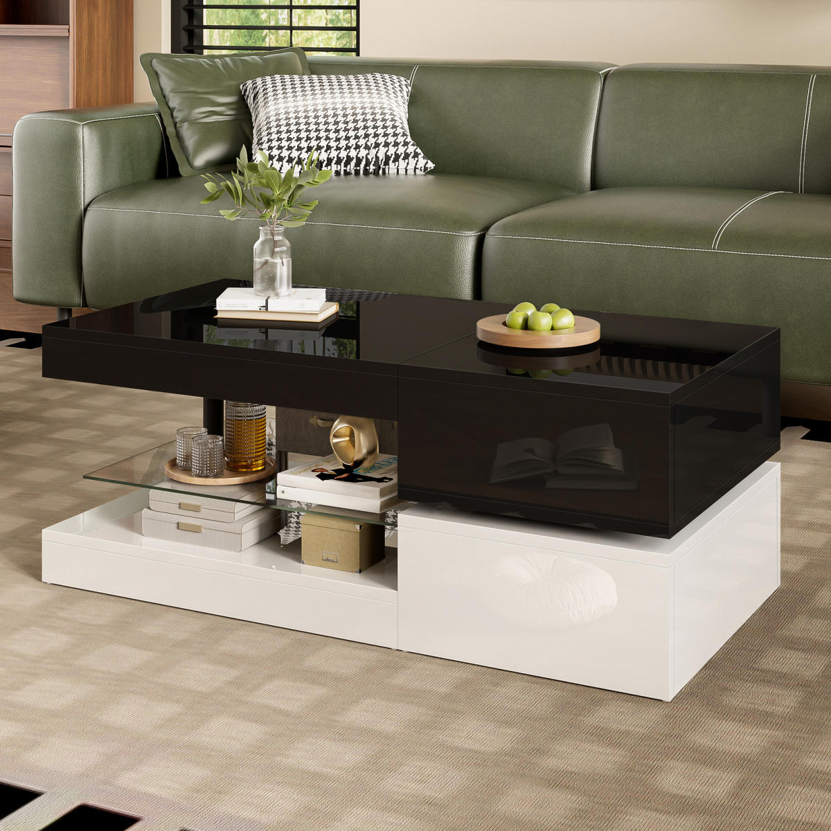 COUCHTISCH Schwarz Weiß mit LED und Glasablage - Schwarz, Metall (90/45/34cm)