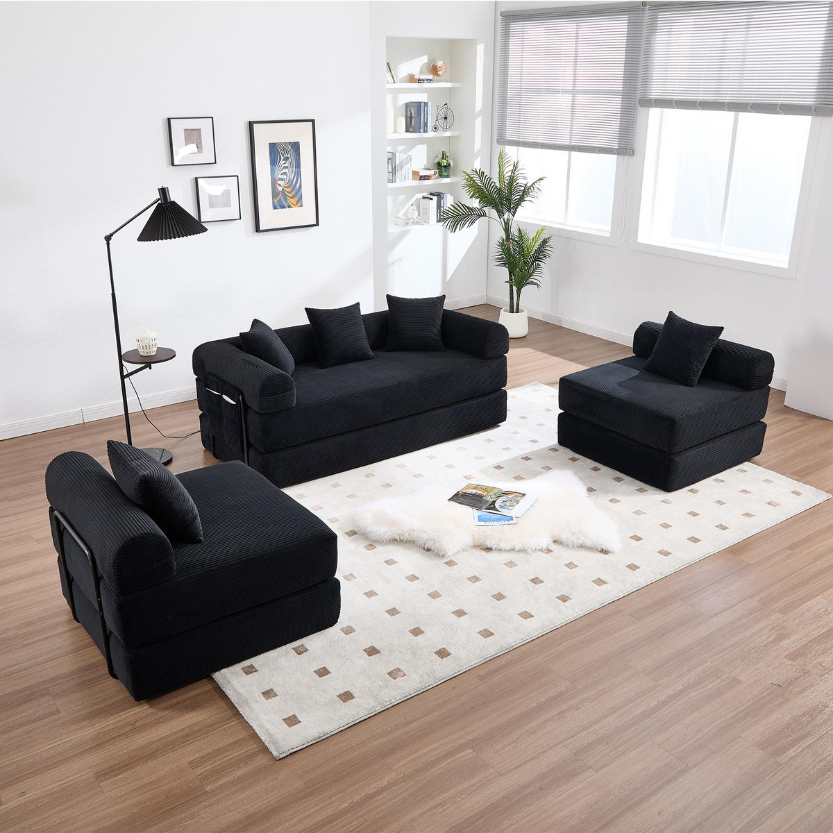 ECKSCHLAFSOFA Modulsofa,Fünfsitzer mit Schlaffunktion,kombinierbar,Cord,Schwarz - Schwarz, Textil (270/180cm) - LVHOM