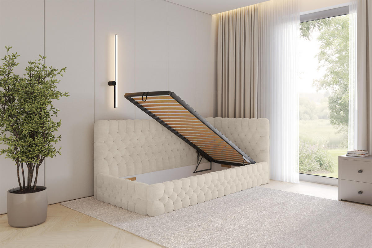 EINZELLBETT Jugendbett mit Bettkasten, Links - MULY 90x200 Beige - Beige, Holzwerkstoff/Textil (90/200cm) - ALTDECOR
