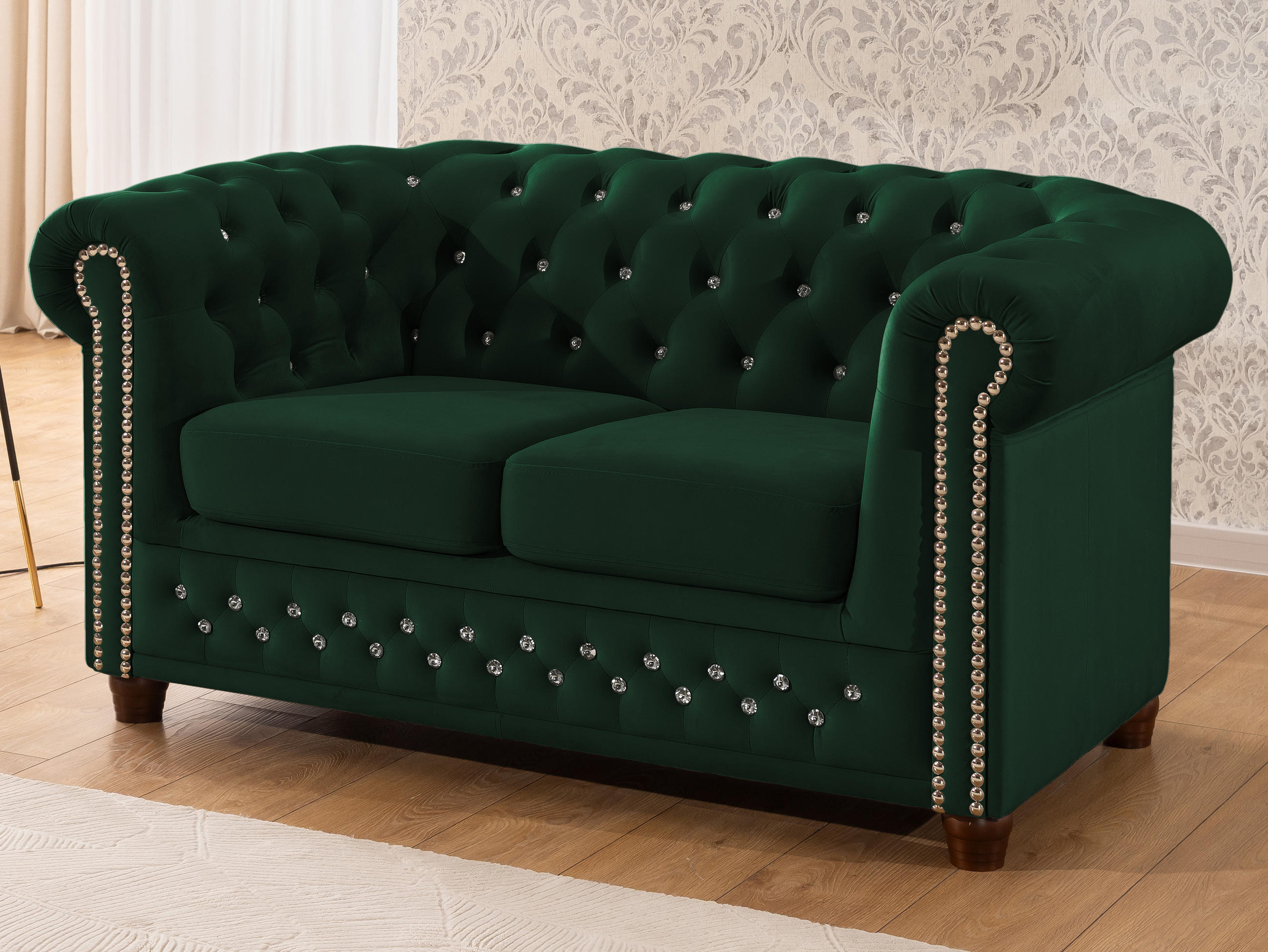 CHESTERFIELD-SOFA 2-sitzer Cleo Blink Flasche Grün Samt mit Kristallsteppung und braunen Massivholzfüßen - Braun/Grün, Holz/Textil (148/72/86cm) - S-Style Möbel