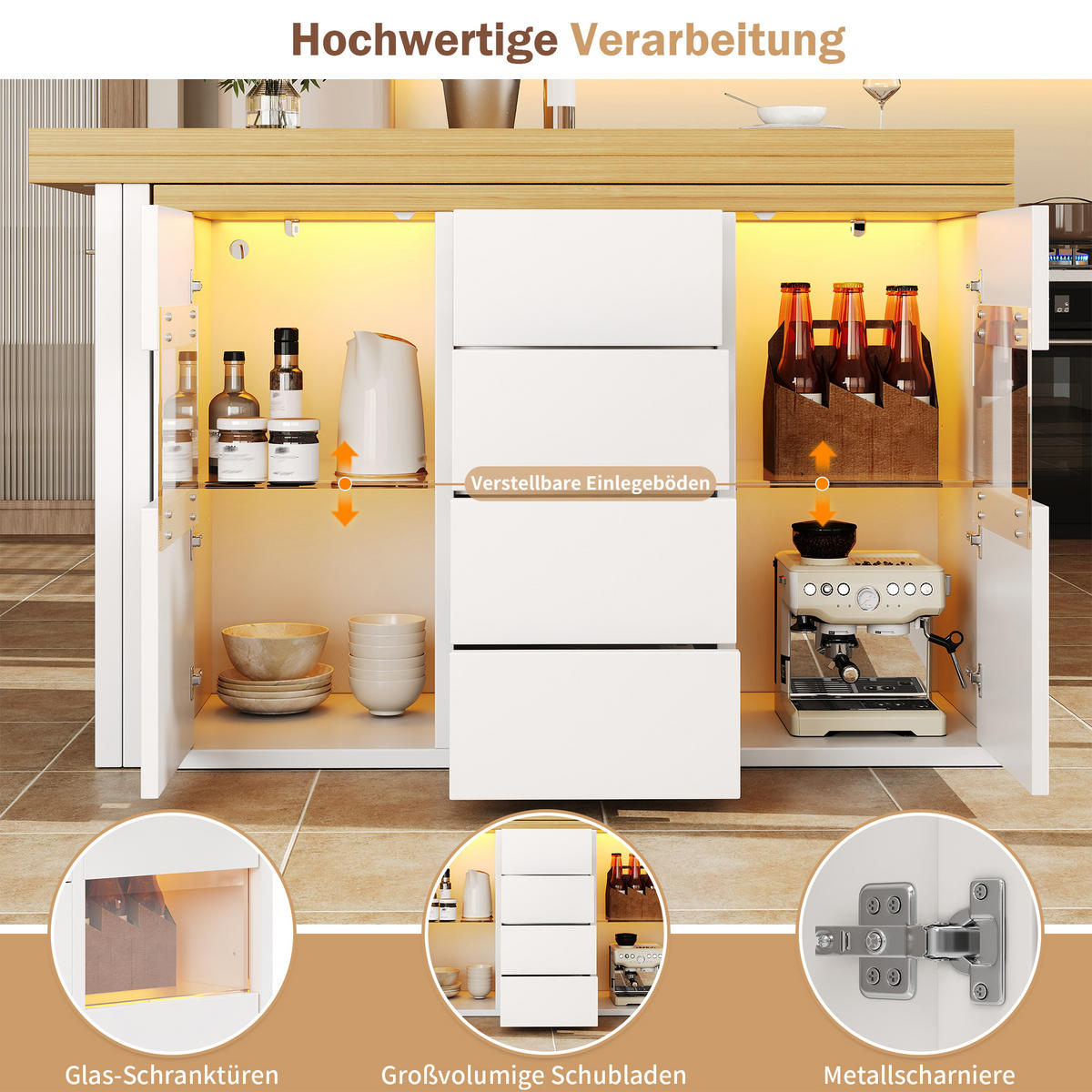 KÜCHENINSEL 360° Drehbar RGB LED App Schubladen Weiß Schwarz - Weiß, Metall (120/73.8/40cm) - FLIEKS