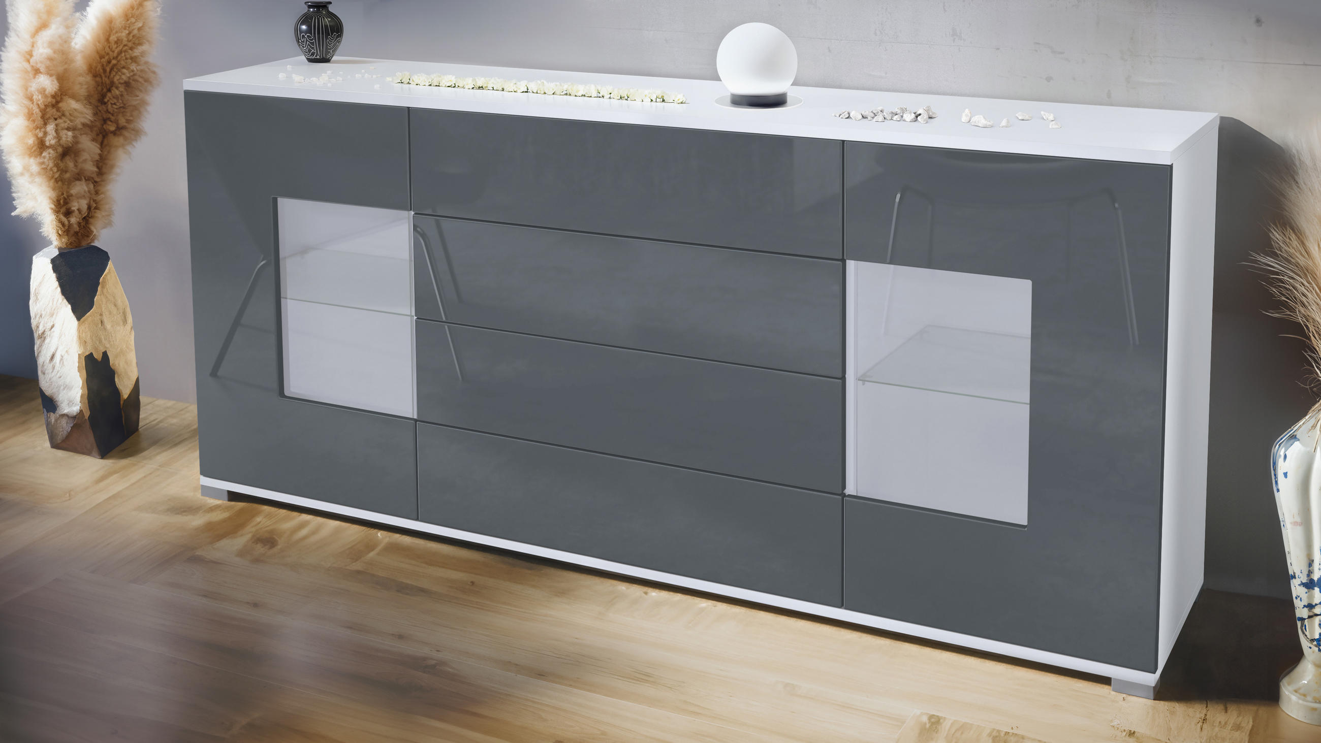 SIDEBOARD Grömitz Grau Hochglanz - Grau, Holzwerkstoff (166.5/75.5/35cm) - Vladon
