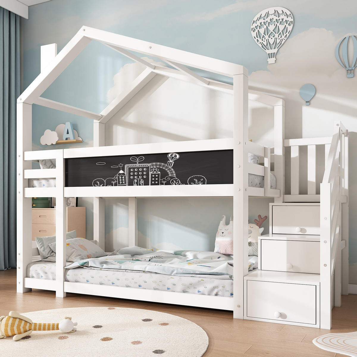 ETAGENBETT Baumhaus 90/200 cm Weiß mit Stauraum und Wandtafel - Weiß, Holzwerkstoff (90/200cm) - OKWISH