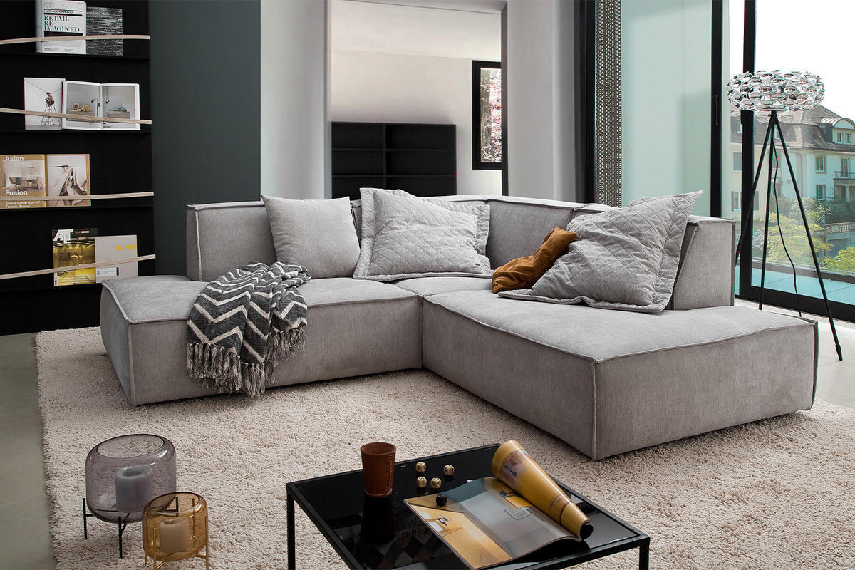 ECKSOFA SAMU Silber Webstoff - Silberfarben/Schwarz, Textil (226/224cm) - KAWOLA