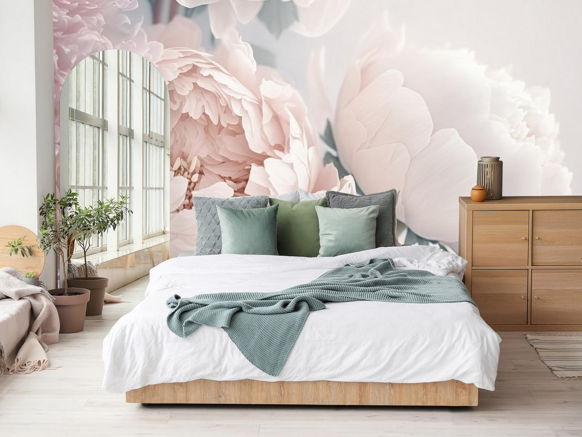 FOTOTAPETA Pre Spálňu Veľké Kvety Ružové Pivonky 350 x 256 cm - zelená/ružová, papier (350/256cm) - Muralo