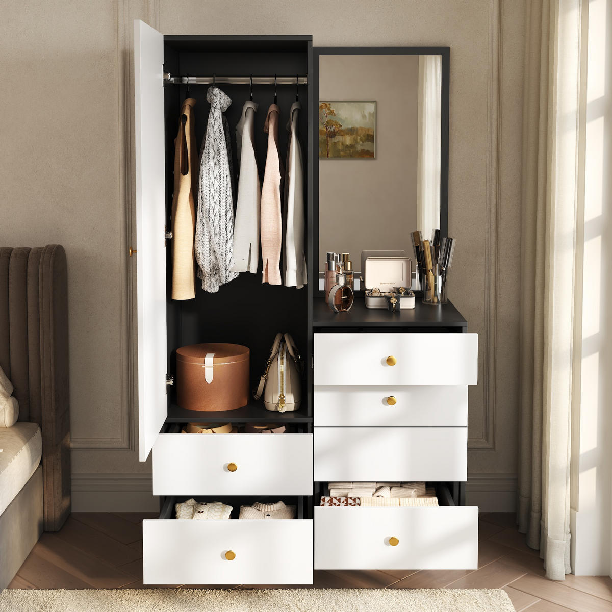SCHMINKSCHRANK Spiegel Hocker Schubladen MDF Schlafzimmer 170cm - Multicolor, Holzwerkstoff (90/160/50.5cm) - FLIEKS