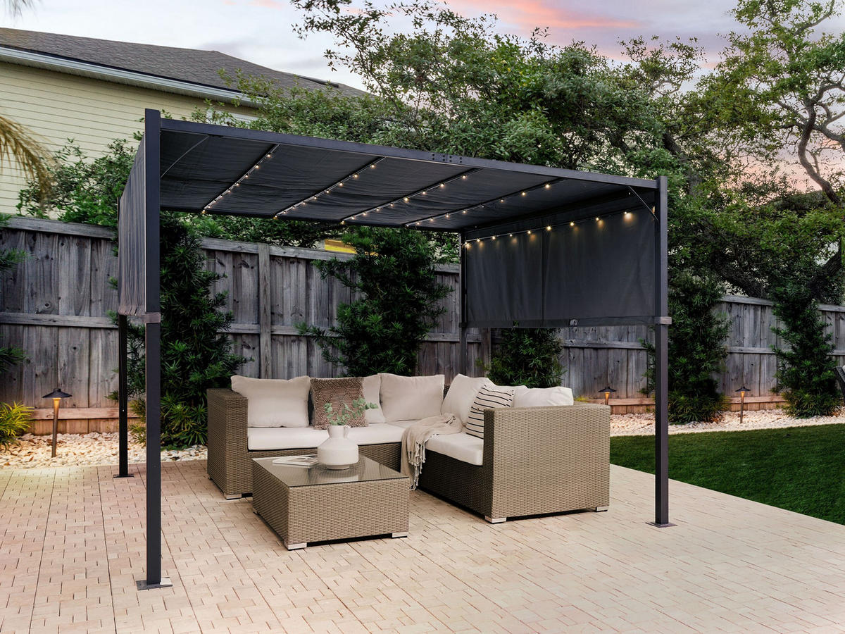 PERGOLA mit LED-Beleuchtung Stahl dunkelgrau 310/310 cm Parga - Schwarz/Grau, Metall (310/215/310cm) - Beliani