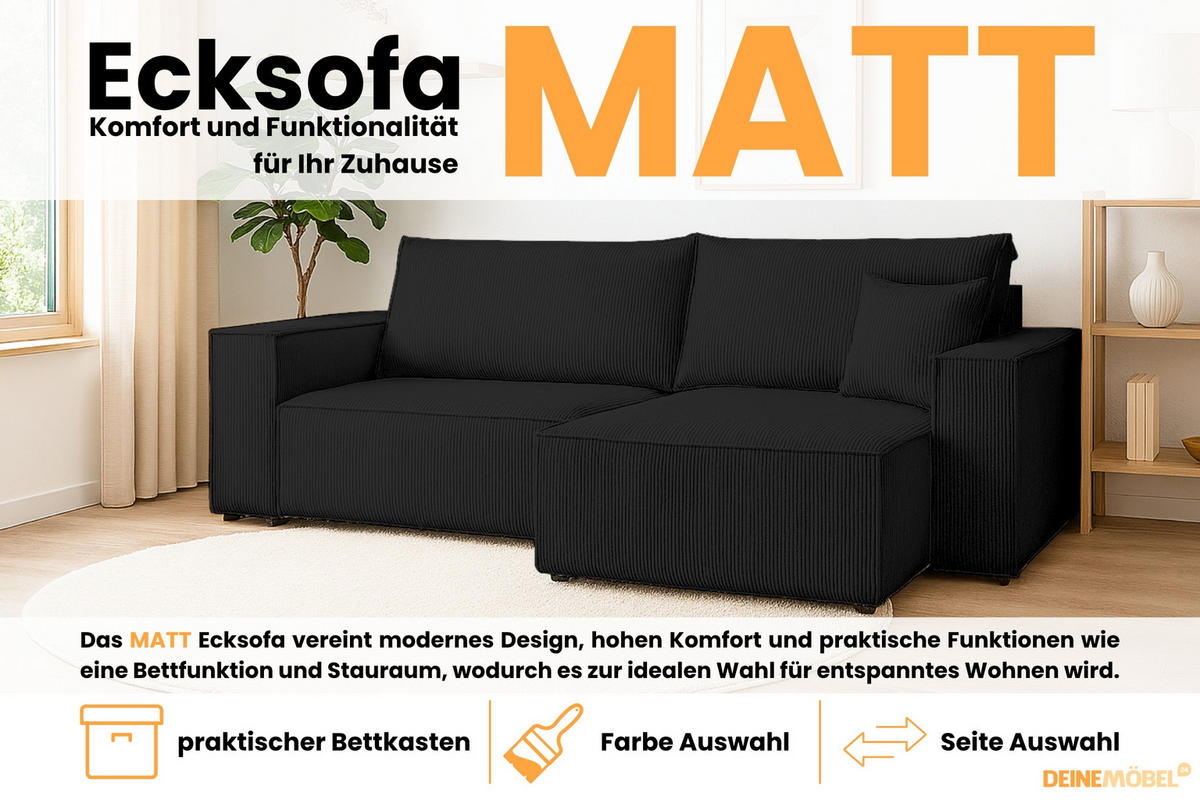 ECKSOFA MATT 255/153 cm rechts in Cord Schwarz - Schwarz, Holz/Holzwerkstoff (255/153cm) - Deine Möbel 24