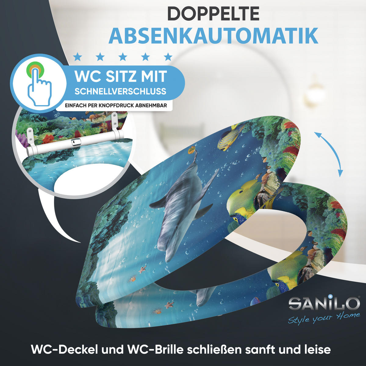WC-SITZ Absenkautomatik Delphin Korallen - Blau, Holzwerkstoff (37.7/5.5/48cm) - Sanilo