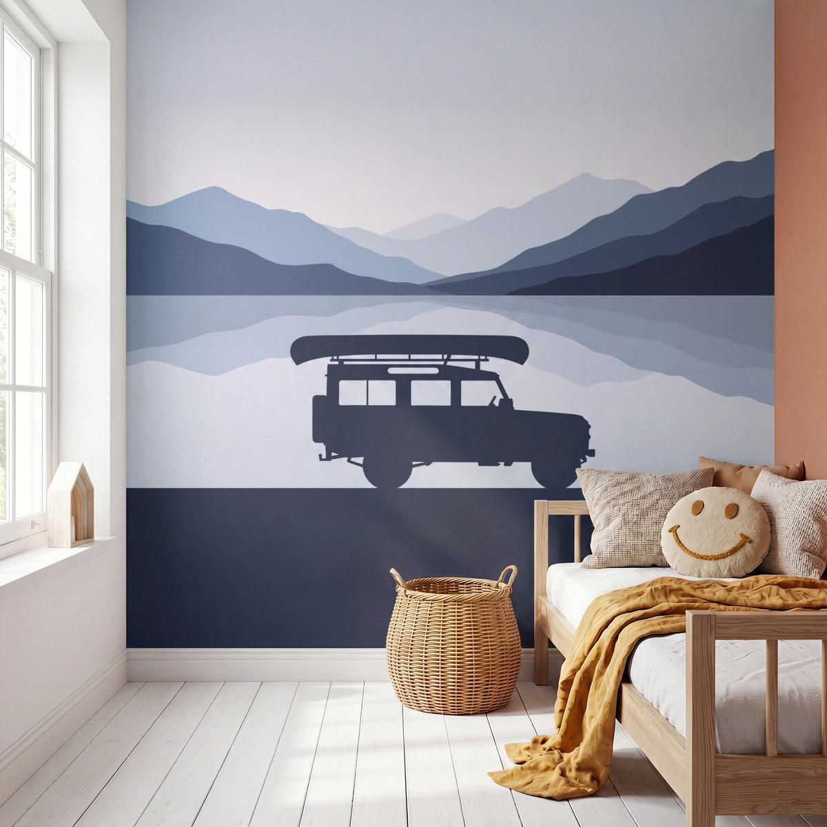 KINDERTAPETE - Auto - See - Berge - Blau - 280x280 cm - Blaugrau, Papier (280/280cm) - OnlyWow