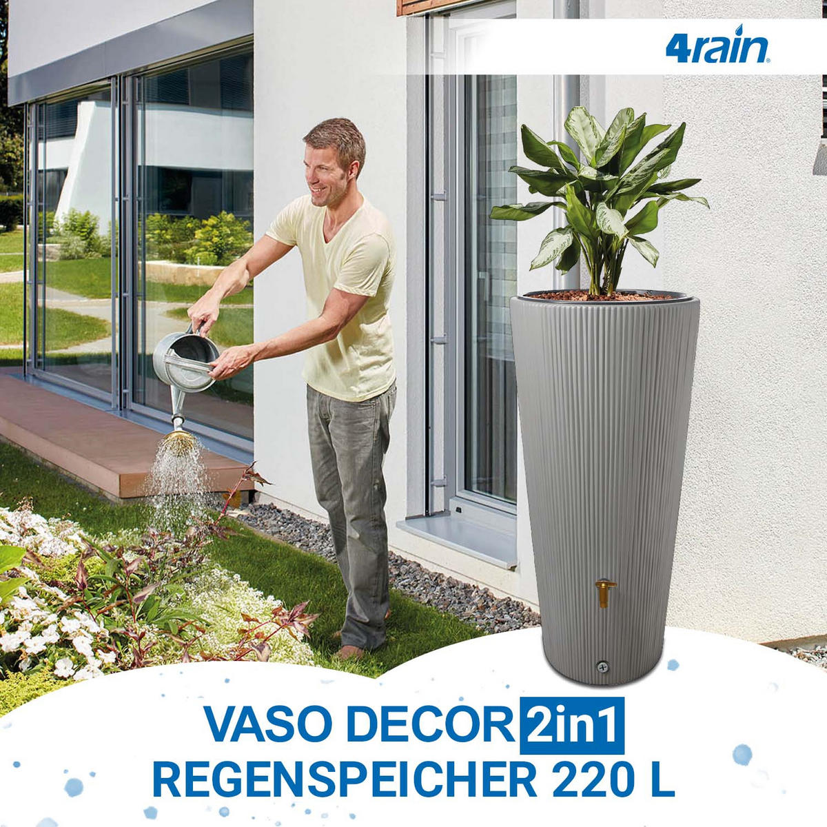 2IN1 Regentonnen Komplett-Set 220 L zinkgrau inkl. Kunststoff-Auslaufhahn und Fallrohranschluss - Hellgrau, Kunststoff (58/120/58cm) - 4rain