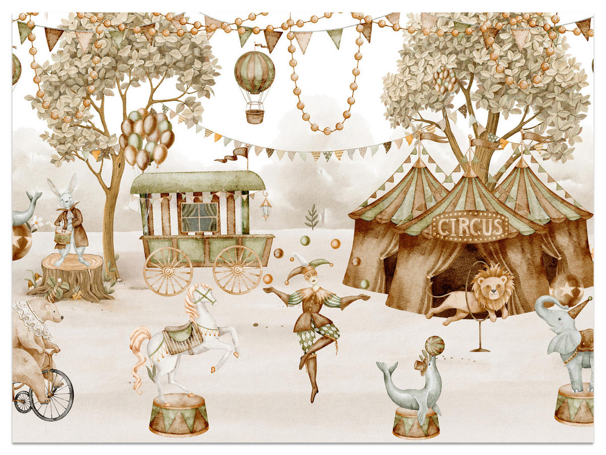 FOTOTAPETE für Kinderzimmer Zirkus Zelt Tiere Ballons Aquarell Bäume 350x256 - Ecru/Beige, Papier (350/256cm) - Muralo
