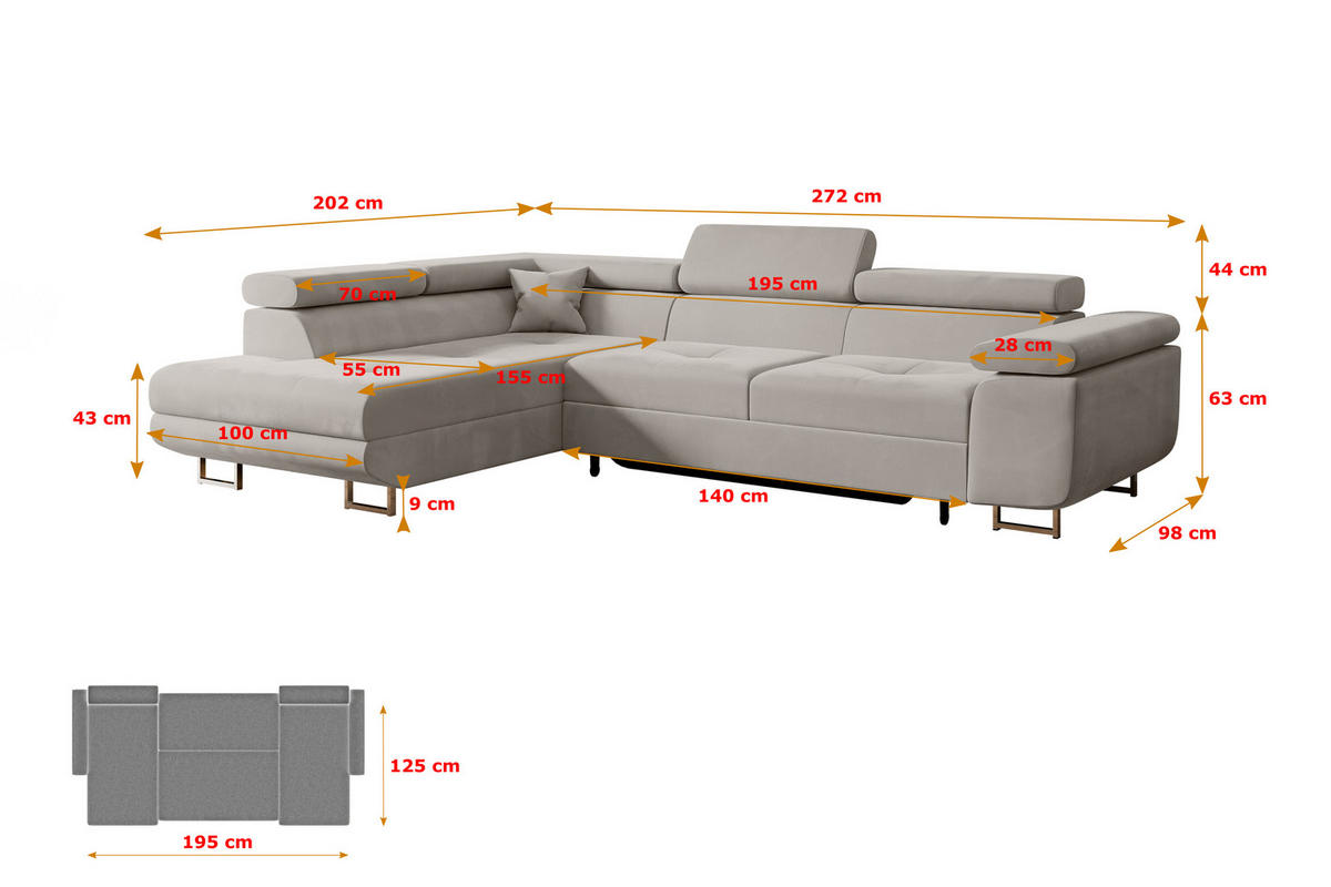ECKSOFA mit Schlaffunktion und Bettkasten GUSA-L 272x202x107 cm Hellbraun Velours - Hellbraun/Silberfarben, Holzwerkstoff/Textil (272/202cm) - ALTDECOR