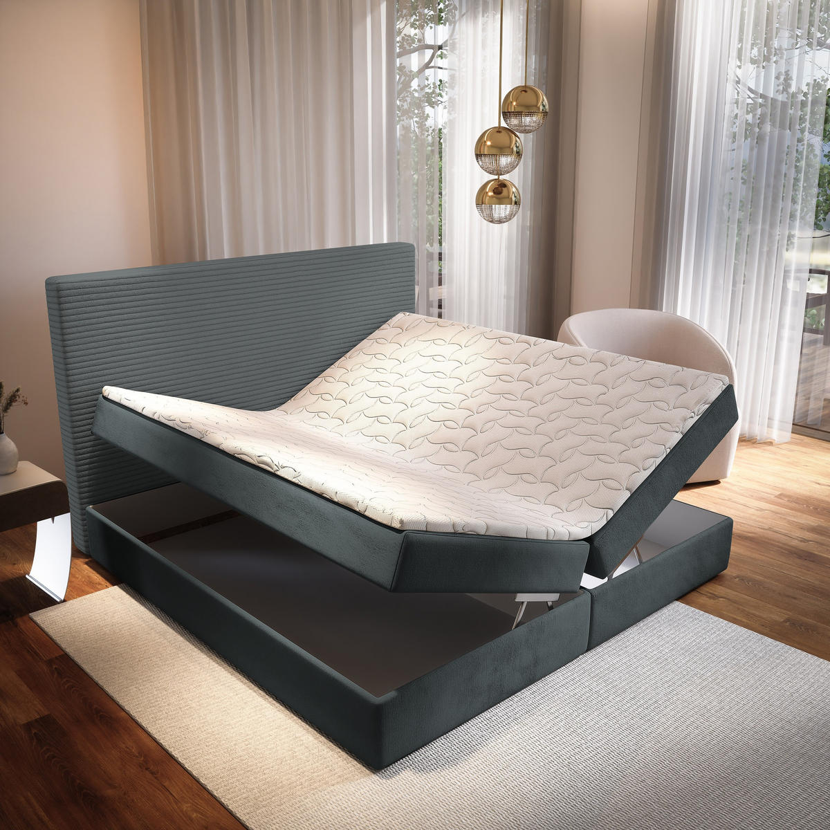 BOXBETT GIARRO 160x200 cm mit Matratze und Topper - Grau - Grau, Holz (160/200cm) - MASSENO