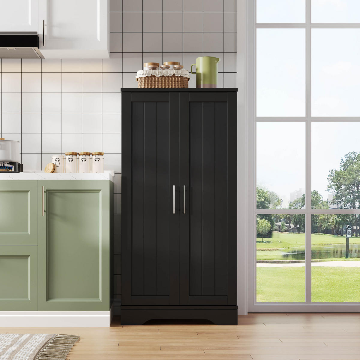 HOCHSCHRANK 2-türig aus MDF mit LED-Sensorlicht, moderner Stauraum für Küche und Wohnraum, 120/60/40 cm, Schwarz - Schwarz, Holzwerkstoff (60/120/40cm) - Redom