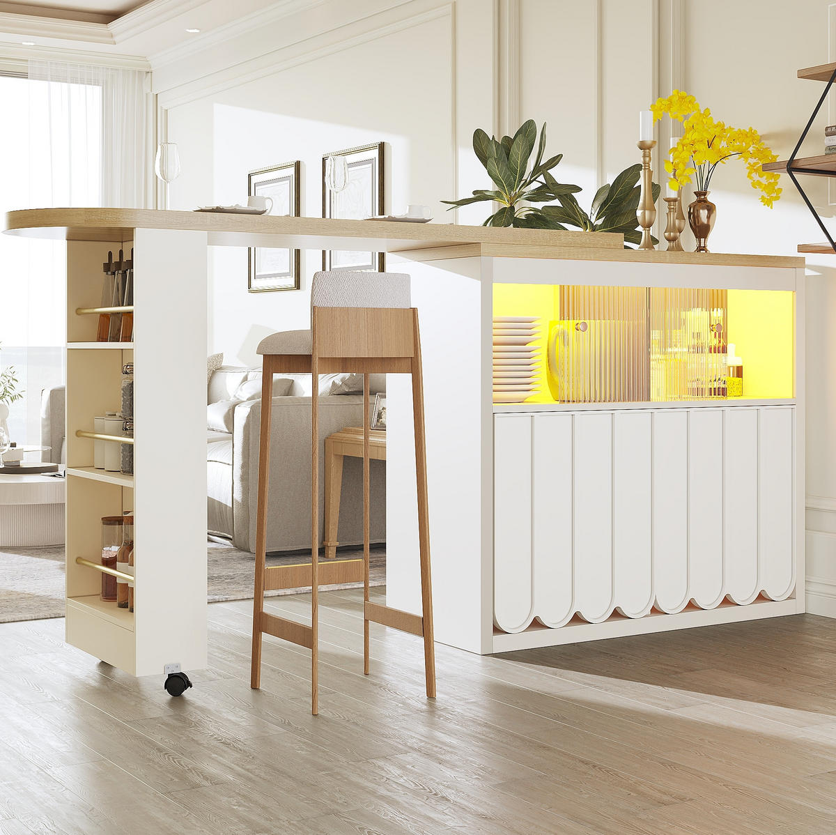 BAROVÝ stůl 135-205/39/100 cm s LED, USB, úložným prostorem a kolečky, MDF/sklo, Bílá - bílá, kompozitní dřevo (39/100/135cm) - Redom