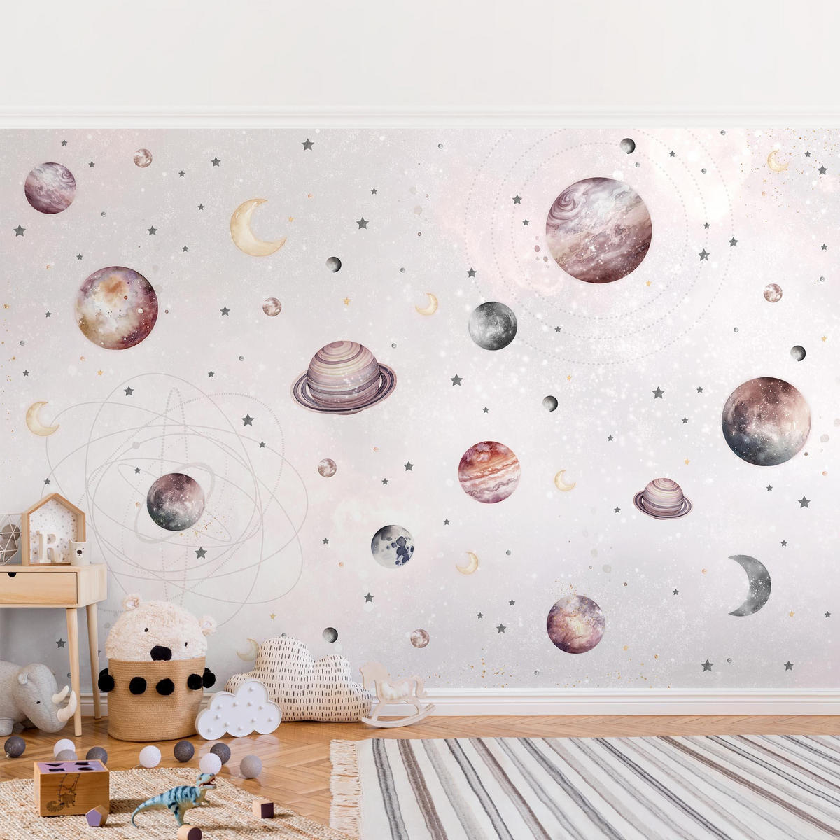 FOTOTAPETE Aquarell Planeten, Mond und Sterne 432/290 cm - Pastellblau, Papier (432/290cm) - Bilderwelten