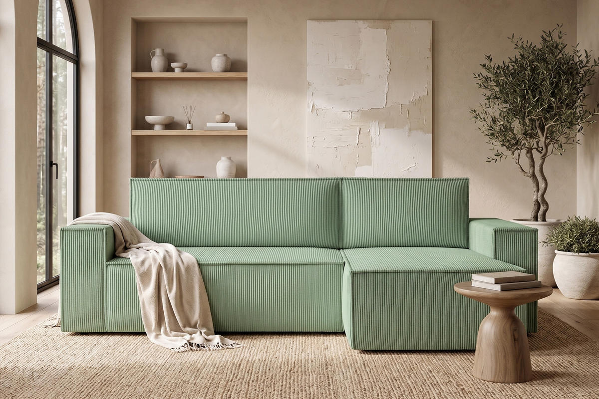 ECKSOFA-LINKS/RECHTS NAPI Schlaffunktion mit Cordbezug, mintfarben - Schwarz/Mintgrün, Textil (262/148cm) - KONSIMO®