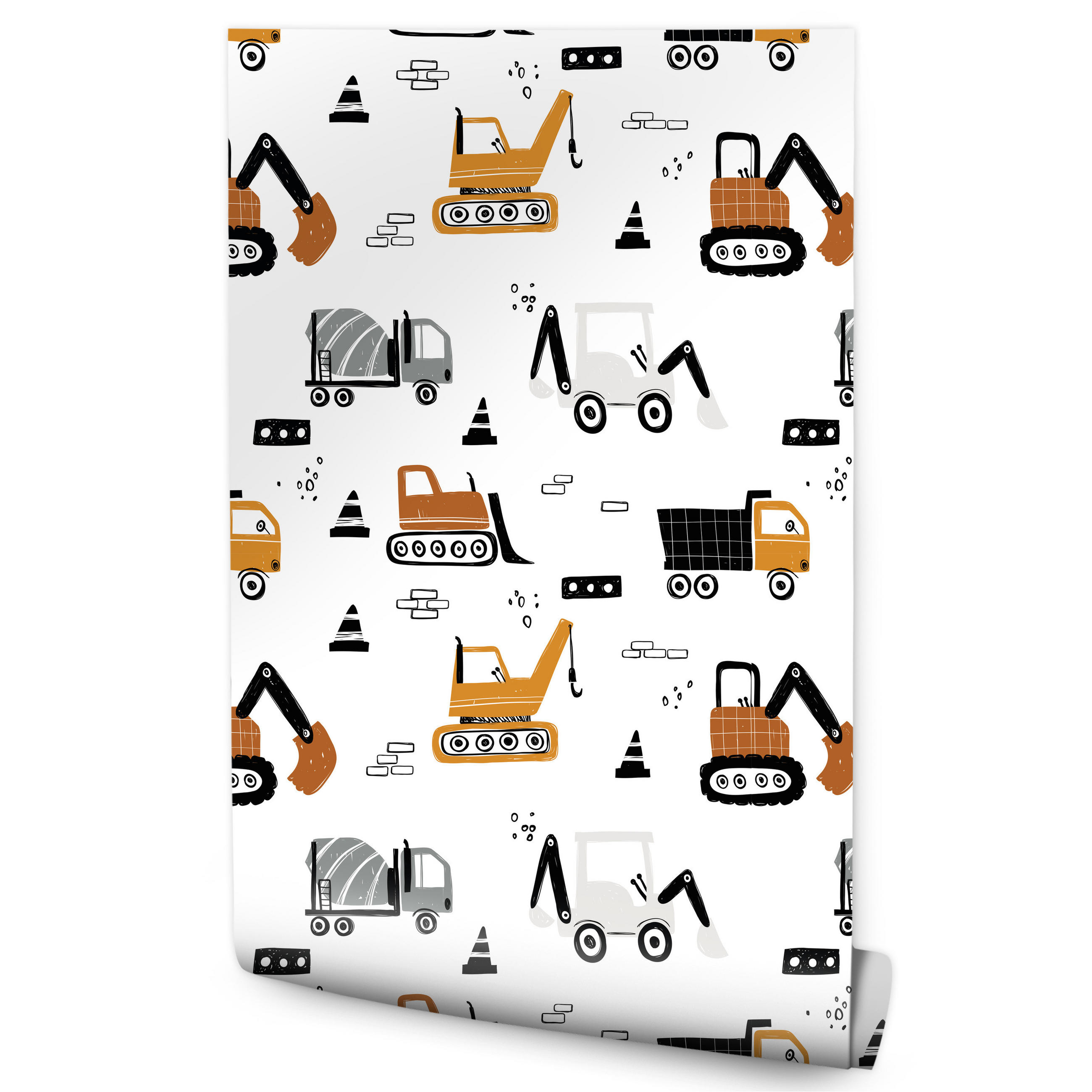 VLIESTAPETE Kräne, Bagger und Baumaschinen – Orange, Schwarz, Weiß – 50x1000 cm - Schwarz/Orange, Papier (50/1000cm) - Muralo