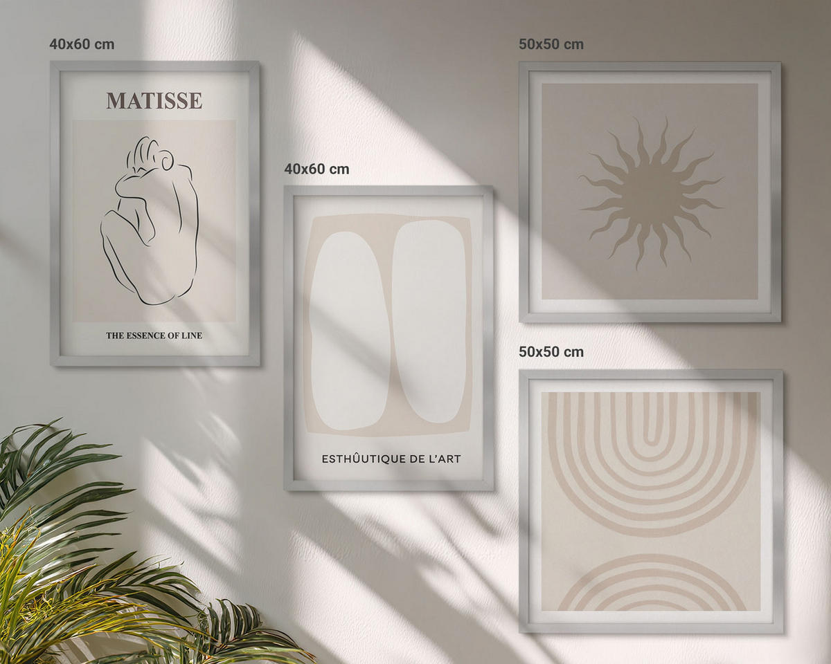 BILDER SET 4er Set - 50x50 cm & 40x60 cm Silberner Rahmen - Stilvolle minimalistische Linien - Silberfarben, Kunststoff (50/50cm) - TULUP
