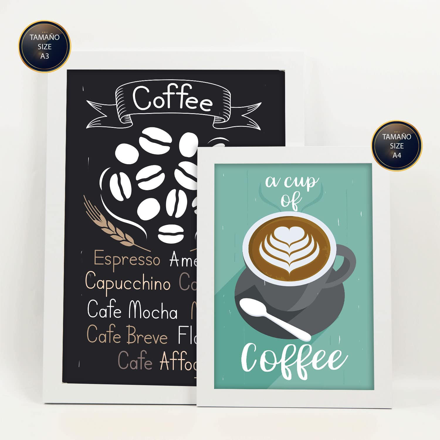 POSTER Set Mit 6 Kaffee Vollfarbige Illustrationen Von Kaffee & Getränken Im Werbetafel Illustrationen Für & Heim A3 & A4 Weißer Rahmen - Weiß, Papier (29/3cm) - Nacnic